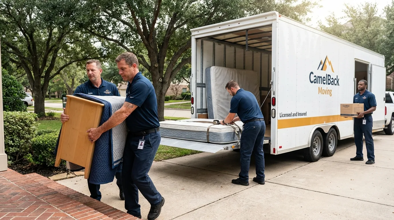 Crew loading residential truck for cross-state move from Many, LA