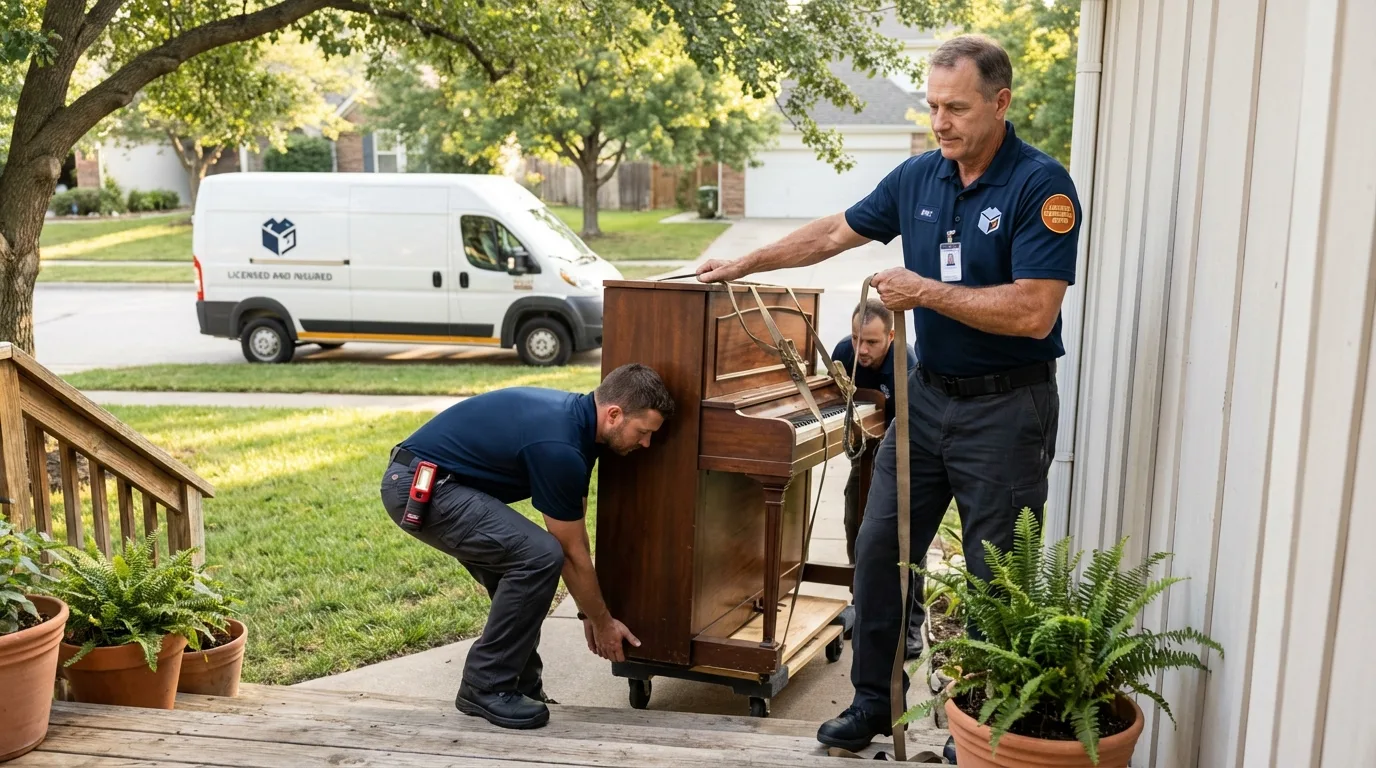 Licensed piano movers securing grand piano in Many, LA