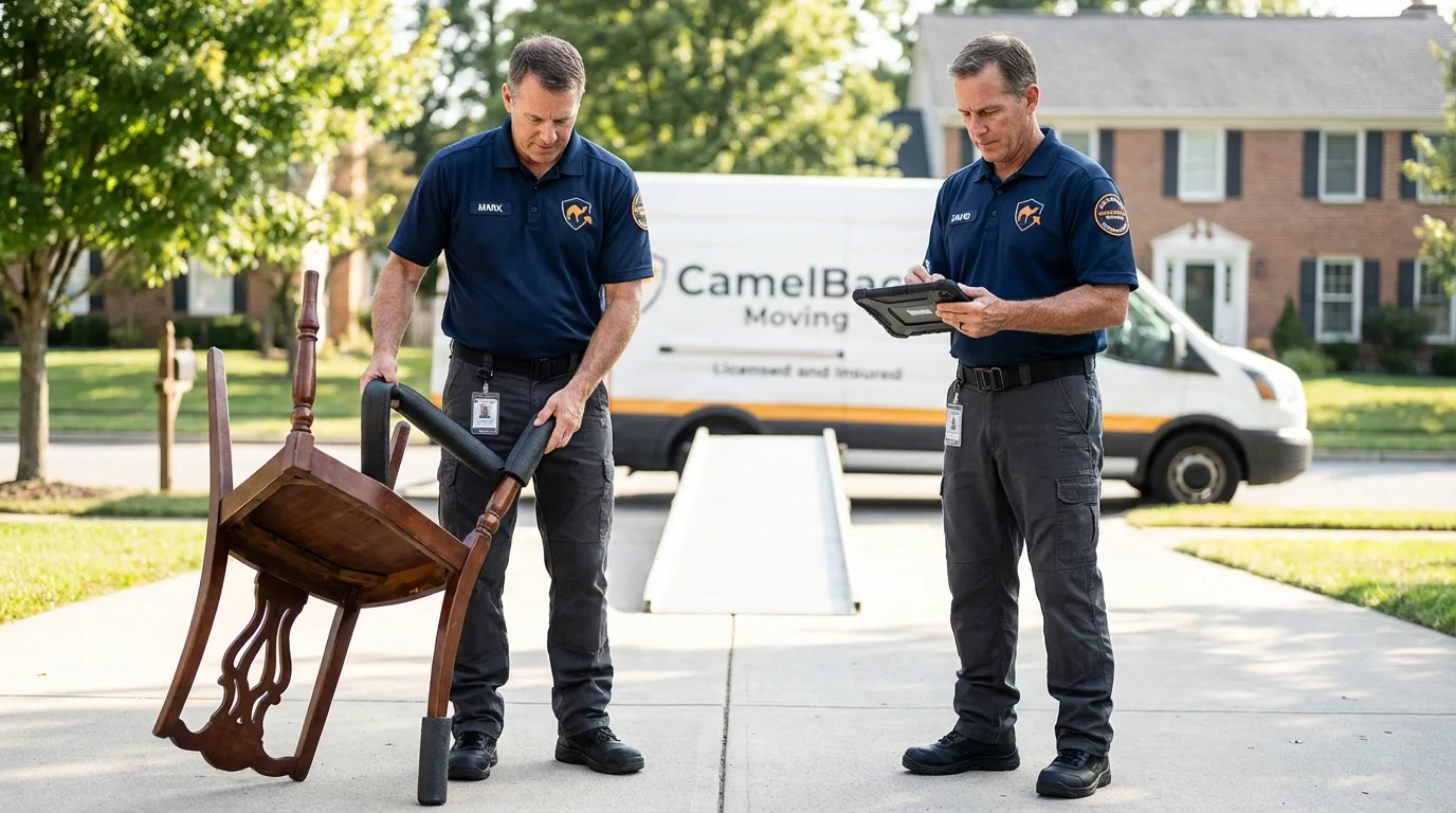 Movers inspecting furniture for damage prevention before loading in Many, LA