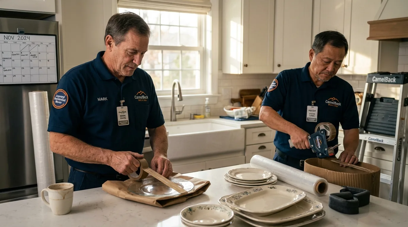Professional crew packing kitchen dishware in Many, LA